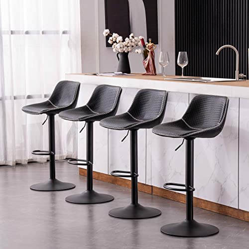 Kidol & Shellder Bar Stools Set Of 2 Black Adjustable Swivel Vintage Barstools Pu Leather Counter Stools Weave Pattern Bar Chairs,3 Mins Quick Assembly,Loads Up To 300Lbs #TOP5