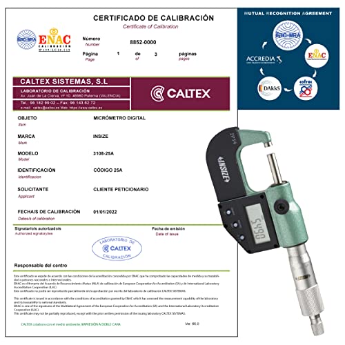 Micrómetro de exteriores INSIZE 3108 25A   Micrómetro de exteriores Calibrado ENAC   Incluye Certificado de Calibración Acreditado