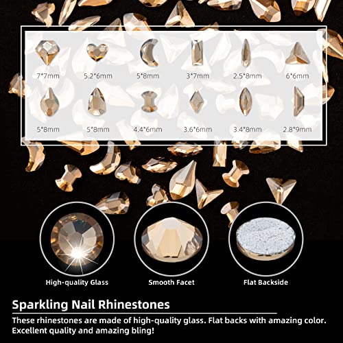 6410Pcs Champagne Gold Nail Rhinestones 600 Multi Shapes Flatback Crystals Gems +5810 Round Beads Glass Stones Diamonds Jewels Nail Art Supplies Nail Charms For Nails Faces Eyes Crafts Clothes #TOP1