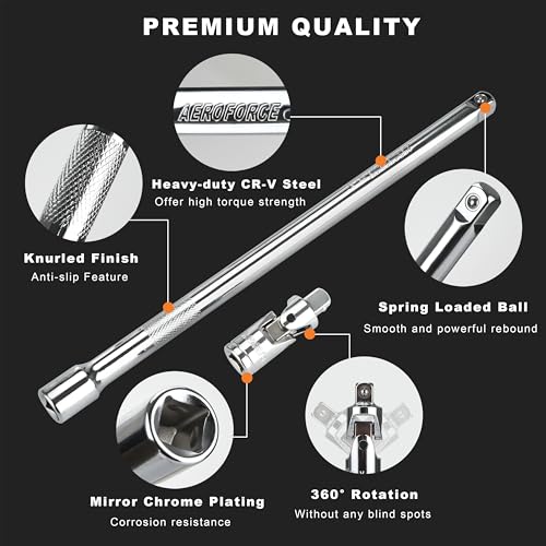 Image of AEROFORCE 14PCS 3 /8-Inch Drive Swivel Magnetic Spark Plug Socket Set with 3 /8 inch Torque Wrench (5-45 Lb.ft /6.8-61.2 Nm), Universal Joint & Extension Bar - Durable CR-V Steel for Easy Spark Plug Removal