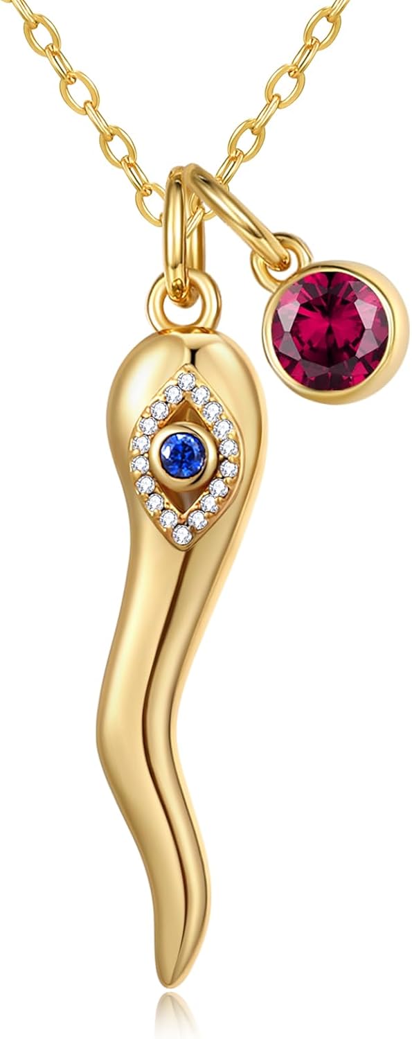 14K Gold Necklace for Women Italian Horn and Evil Eye Double Protection Talisman Good Luck Anniversary Birthday Gifts for Her