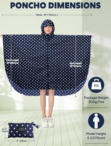 ANYOO Waterproof Rain Poncho Lightweight Reusable Hiking Hooded Coat Jacket for Outdoor Activities(Dot-Blue) One Size - Thumbnail 3