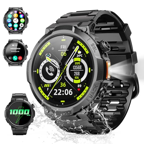 Smartwatch Herren Damen, 1.53' HD 1000mAh Militär Smart Watch mit Telefonfunktion, 100+Sportmodi Fitnessuhr Tracker, IP68 Wasserdicht Sportuhr, Herzfrequenz Schlafmonitor Schrittzähler Android iOS