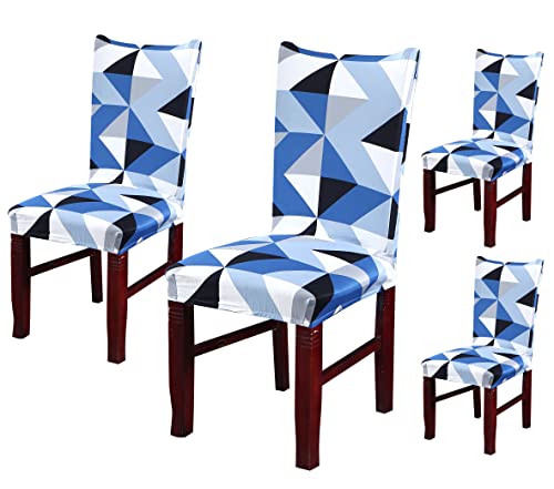 Image of House of Quirk Elastic Chair Cover Stretch Removable Washable Short Dining Chair Cover Protector Seat Slipcover (Pack of 4, Blue Obtuse Triangle)