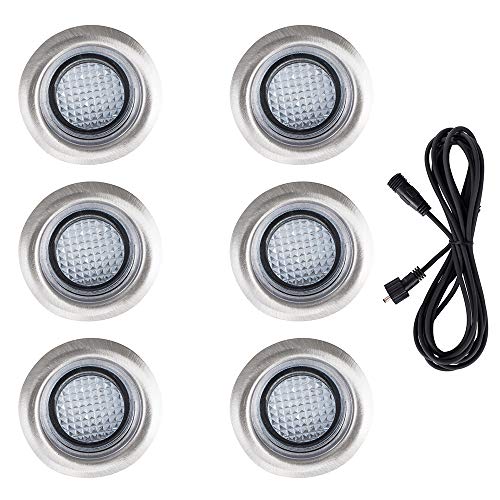 MiniSun Pack of 6 40mm White LED Round IP67 Rated Garden Decking/Kitchen Plinth Lights Kit - Complete with a 3M Extension Cable