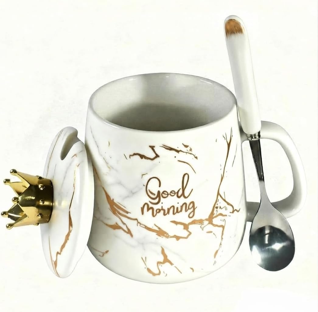 Luxury 450ml Ceramic Coffee Mug with Lid and Spoon, White Gold Marble Tea Mug, XL Mug with Crown Lid, for Cappuccino, Cocoa,Tea,Latte, Mocha, Hot Chocolate, Modern Office Mug,Home Office and Gift