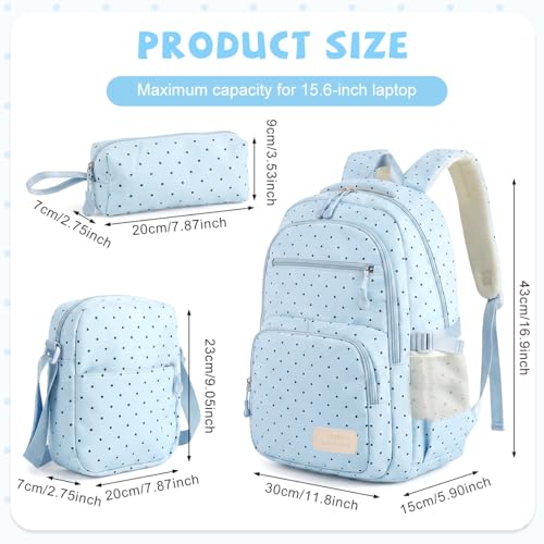 Image of PALAY School Bag for Girls Blue Polka Dot Backpack with Crossbody Bag & Pencil Pouch Large Oxford Cloth Bookbag Water-resistant Multi-compartments Daypack for Primary, Elementary, Middle School
