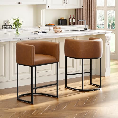Image of 26 inch H Counter Height Bar Stools Set of 2, Modern Barrel Counter Stools with Backrest and Arms, Faux Leather Upholstered Accent Barstools for Kitchen Island,Support 450 LBS (Walnut Brown)