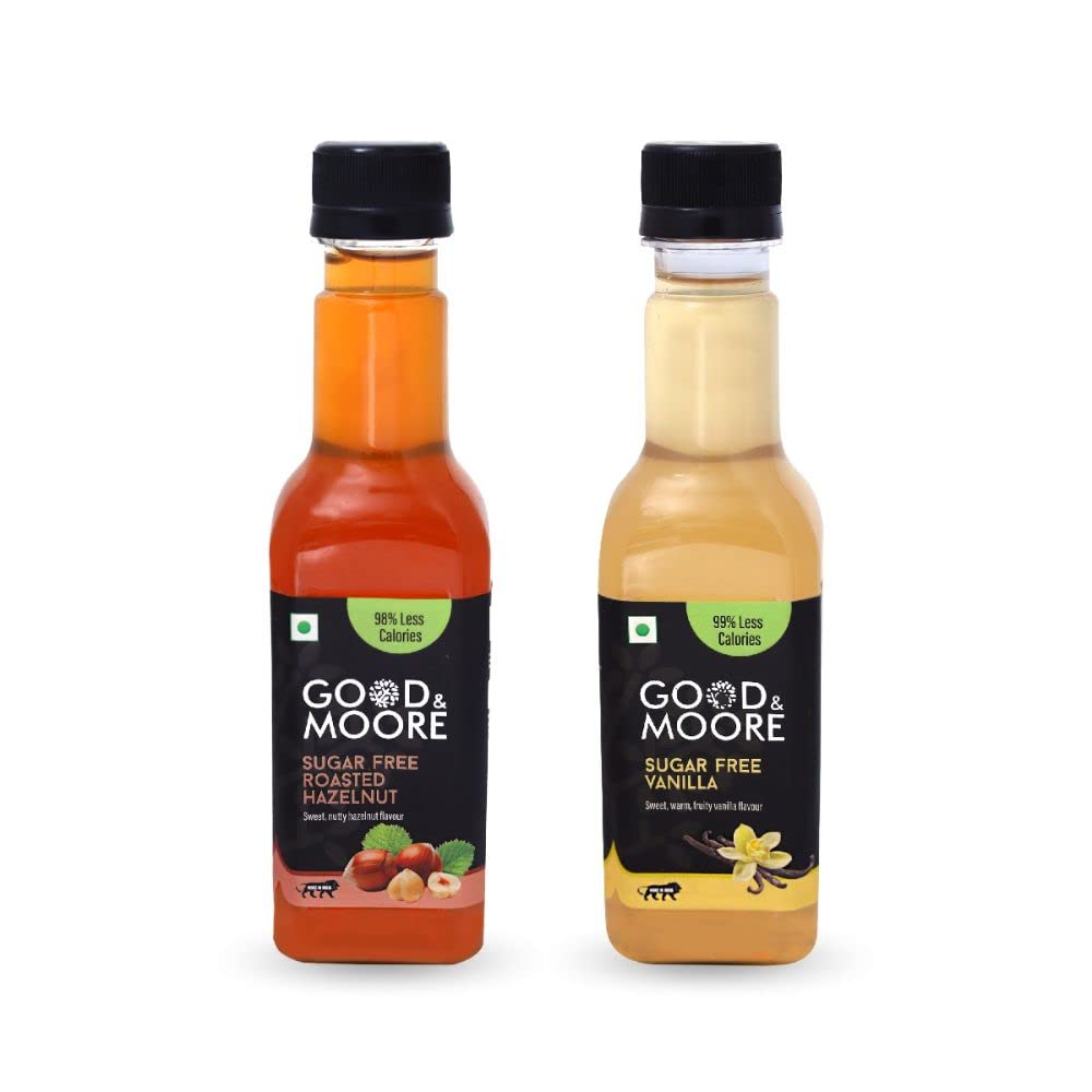 GOOD&MOORE Combo of 2 | Sugar free Roasted Hazelnut, Sugar free Vanilla | For Coffee, Milkshake, Frappe, Cold-coffee, Pancakes and more | Diabetic Friendly | Concentrated Syrup | Premium Syrup | (250ml x 2)