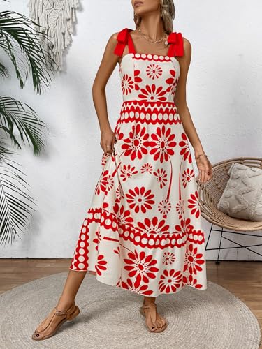Image of Women's Floral Print Maxi Dress - Adjustable Tie-Shoulder, Lightweight Beach & Summer