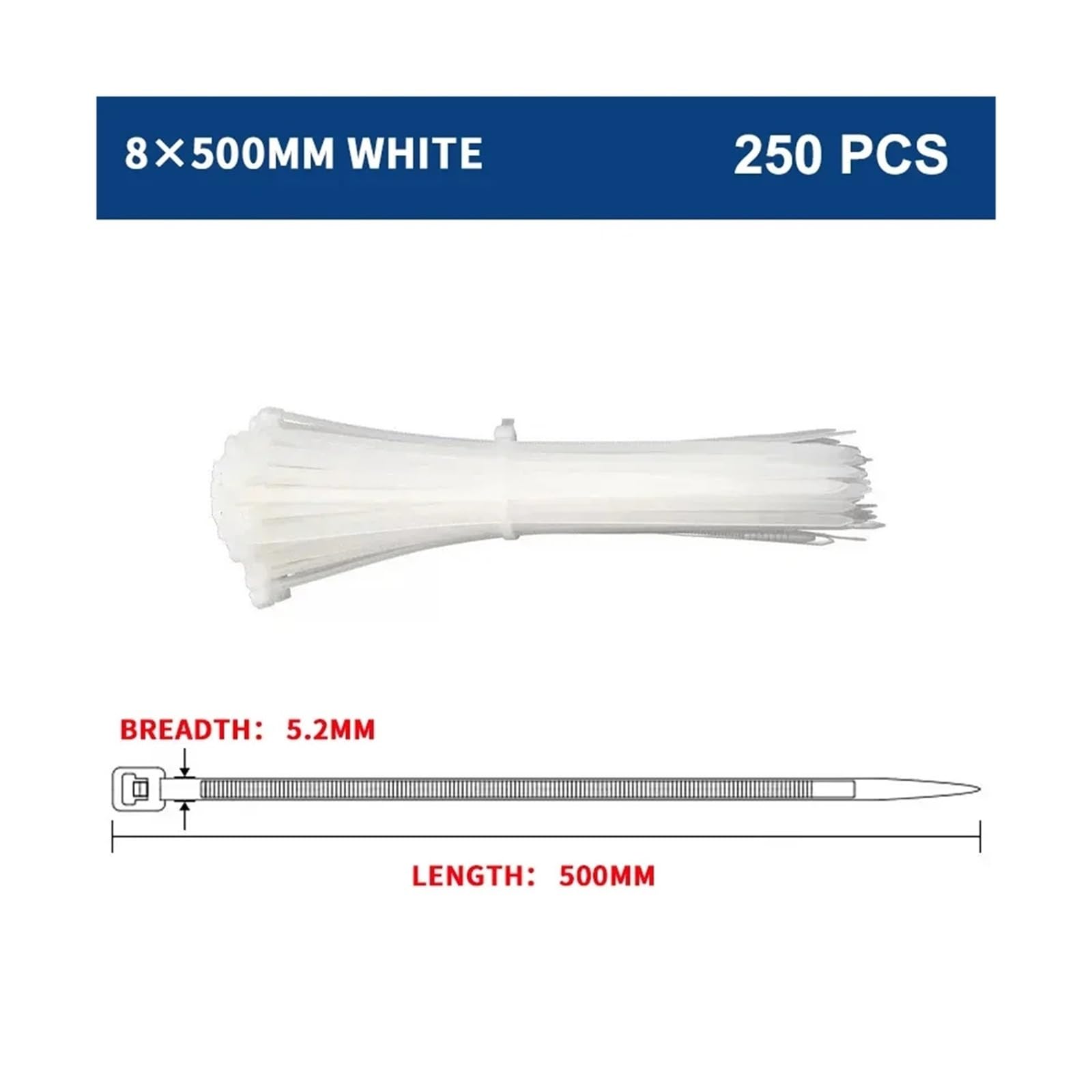 Bridas de nylon ABS con cierre automático, Bridas for cables de nailon autoblocantes, varios tamaños, color blanco, paquete 250 o 500 unidades(8x500mm,1 Pack)