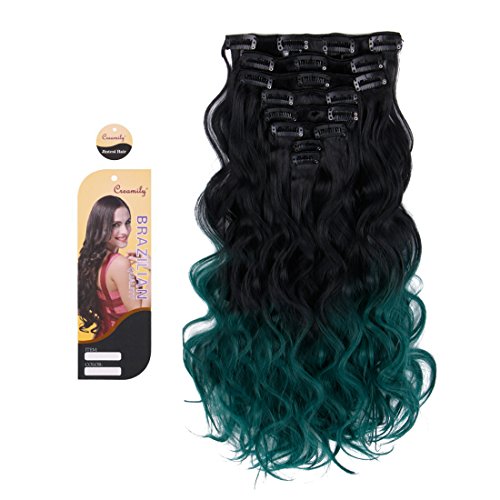 Creamily Natural Black to Mixed Olives to Peacock Green 3-tone Ombre Color Wavy Clip in Hair Extensions 8 Pieces 18" for a Full Head