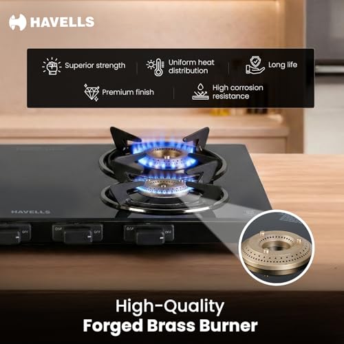 Image of Havells GEOSLIM Gas stove |4 Heavy Duty Forged Brass Burner|6 mm Toughened Glass|Premium Valves|Removable Drip Tray|Soft Touch Knobs|5 year Warranty on Burners, Glass & Valves by Havells (Black)