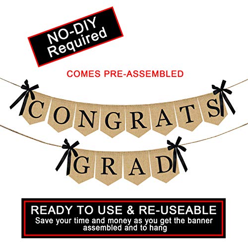 Image of Burlap Congrats Grad Graduation Banner - No DIY Required | Rustic Vintage Graduation Decorations Sign for College Grad Party and High School Graduation Party Supplies 2026