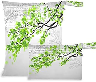 UMBEAR Green Leaves Wet Dry Bags Sets Waterproof Reusable Travel Beach Baby Cloth Diaper Wet Dry Bags Organizer with Two Zippered Pockets for Swimsuit and Gym 2PCS