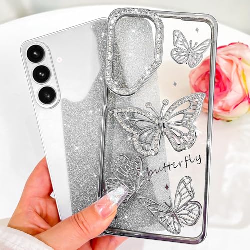 Image of Elzzi Electroplated Butterfly Phone Cover for Samsung S26 Plus Case, Showcasing Pearlescent Diamond Soft TPU, Camera Protection, Shockproof, Dropresistant Stylish for Girls & Women (Grey)