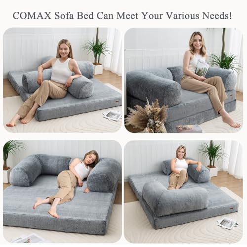 COMAX 4-in-1 Futon Sofa Bed, Queen Size Foldable Couch with L-Shaped Armrests, Convertible Sleeper Chair Bed, Comfortable Lounge Mattress for Living Room and Bedroom, Snow Grey