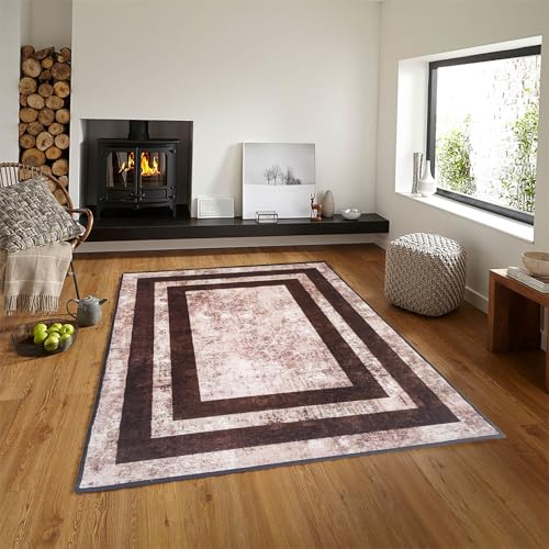 Image of Matz&More Geometric Distress Border Rug | 100x150 CM | Brown Beige | Soft Nylon Loop Pile with Anti-Slip Gel Backing | Living Room, Bedroom & Office Floor Carpet