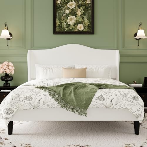SHA CERLIN Full Size Bed Frame with Curved Wingback Headboard,Sof...