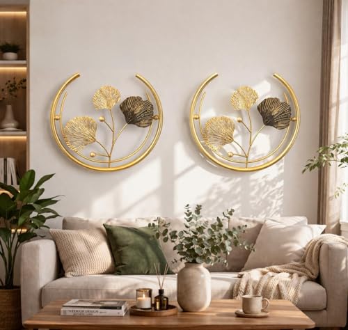 Image of F-RIQA METAL Luxury Golden Flower Metal Wall Art Set of 2 (13.8 x 10.5 Inch) | Elegant Ring Design Wall Decor for Bedroom & Living Room (Classic)