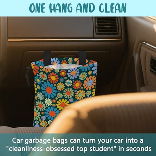 Image of Car Garbage Bag Vintage Groovy 70s Floral Drawstring Car Trash Bag Hanging for Back Seat with Adjustable Buckle Canvas Vehicle Trash Can Easy-to-Install