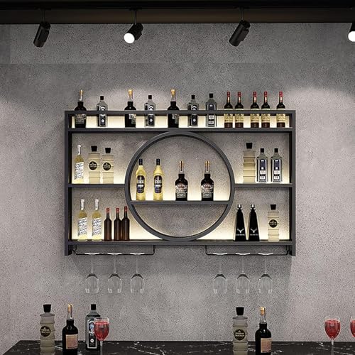 MANGGUO Espositore per vino moderno da parete in metallo, scaffale da bar con scaffali sospesi in vetro, espositore in ferro, scaffali per portabottiglie (Black, 120x15x80cm)
