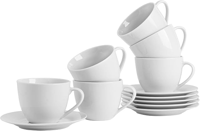 Argon Tableware 12x White Large Cappuccino Coffee Cup & Saucer Set - Cup 320ml (11oz) Saucer 14.5cm - Tea Coffee Latte Saucers Kitchen Set - Dishwasher and Microwave Safe