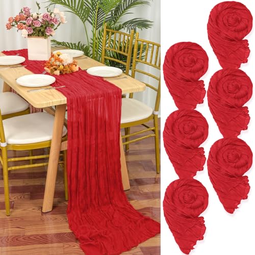 YMHPRIDE Lot de 6 Chemins de Table en étamine en Rouge, 55 x 300cm en Tissu de Gaze Rustique,Rouge décoration de Table de Mariage Nappe pour fête de Douche...
