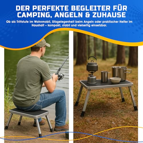 Wohnwagen Trittstufe klappbar – Tritthocker Stahl bis 150 kg – Rutschfester Camping Klapptritt mit Gummifüßen – Trittleiter für Wohnmobil, Caravan, Küche – EN14183 Zertifiziert