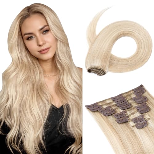 Image of Benehair Human Hair Clip in Extensions Balayage Ash Blonde Mix Bleach Blonde Highlight Hair Extensions for Women Long Straight Remy Natural Full Head 8pcs 24inch No Tape No Glue #18P613