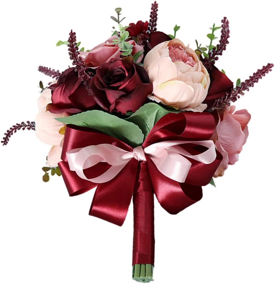 Bride & Bridesmaid Bouquets for Wedding, 9.5 Inch Wine Red Lotus Root Pink European Style Artificial Flowers Bridal Bouquets for Bride