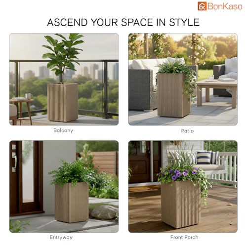 Image of BonKaso 18 Inch Rolex Tower Planter for Indoor & Outdoor Use | Tall Square Heavy Duty Polymer Flower Pot | Weather Resistant Modern Planter for Living Room, Balcony, Terrace & Office Decor (Beige)