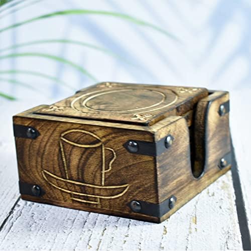Ajuny 6 Hand Carved Wooden Burnt Wood Style Coasters And Holder Set