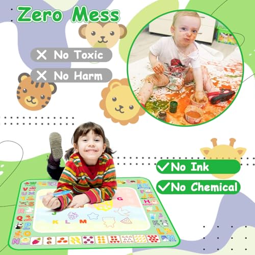 Image of PATPAT 100x80CM Reusable Magic Water Doodle Mat for Kids, Fruit & Animal Park Educational Drawing Toys Mat with Water Pens, Roller Stamps, Templates & Guide Birthday Gift for Kids