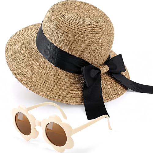 Jecery Girls Straw Sun Hat Bowknot Khaki Color