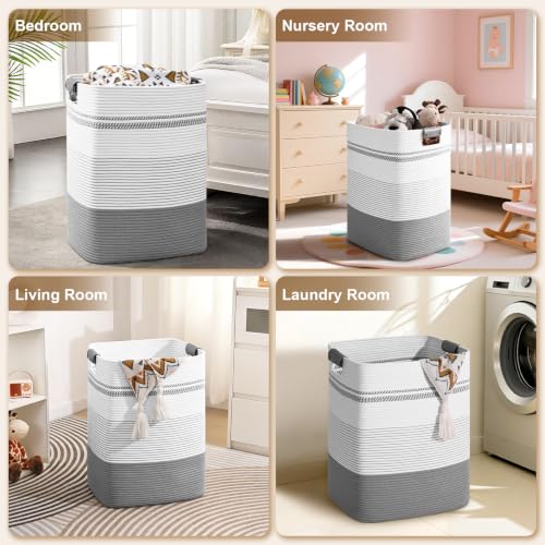 Image of Laundry Hamper, 105L Tall Laundry Basket with Leather Handles, Rectangle Large Clothes Hamper for Organizing, Cotton Woven Laundry Baskets Storage Hampers for Bedroom, Nursery, Living Room