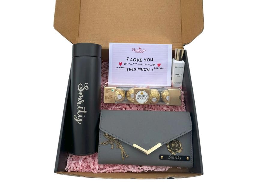 Customized Gift Hamper for Her | Personalized Name, Includes Purse & Bottle, Ferrero Rocher Included, Bellavita Perfume, Greeting Card Included-image-0
