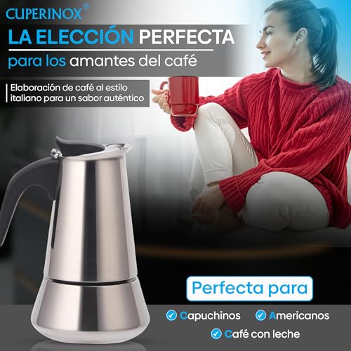 CUPERINOX® CAFETERA ITALIANA INDUCCIÓN 10 TAZAS ACERO INOXIDABLE – Compatible con Gas, Vitrocerámica y Lavavajillas – Mango Anticalor – Uso Diario