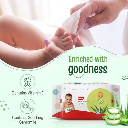 Image of LuvLap Moisturising Wet Wipes Without Lid for Baby Skin, Enriched with Aloe Vera, Vitamin E & Chamomile Extract, pH Balanced, Dermatologically Safe, Paraben & Sulphate Free, 72 Wipes, Pack of 5