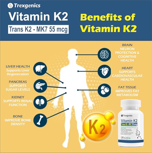 Image of Trexgenics VITAMIN K as TRANS K2 MK7 Menoquinone-7 55 mcg Bone, Cardiovascular Health (120 Veg Capsules)