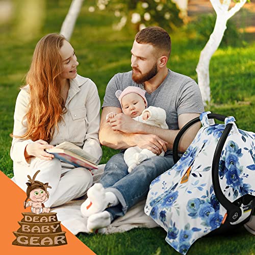 Image of Dear Baby Gear Floral Baby Car Seat Canopy with Snap Button Opening - Newborn & Toddler Carseat Cover - Nursing Covers - Infant Chair Essentials (Watercolor Roses /Blue Watercolor Plaid, 40 inch x 30 inch)