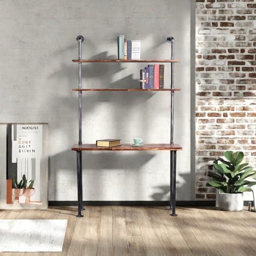 LOKKHAN 79-inch Industrial Laptop Desk Solid Wood Computer Desk Wall Pipe Desk with Shelves Computer Table for Home Office (L:47.3-inch)