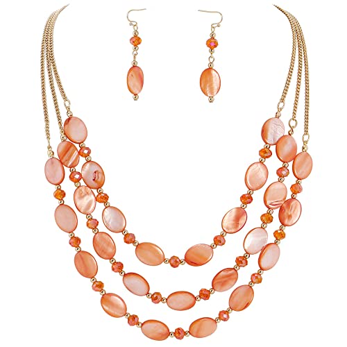 Firstmeet 3-Layer Mother of Pearl Beads Necklace with Earrings Oval Beads Pendant Jewelry for Women(XL-1085-Orange-A)