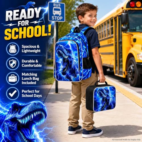 Image of 17 inch Dinosaur Backpack, Boys Lightning Kids Bookbag with Lunch Box, 3Pcs Dino School Backpacks for Elementary Preschool Kindergarten (Blue)