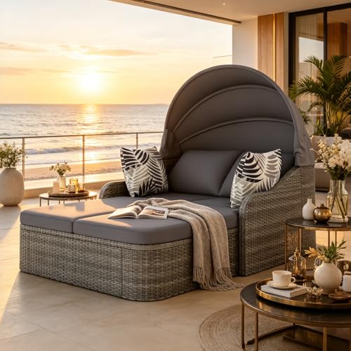 Yihomfy Canapé-lit de Jardin Extérieur avec Pare-Soleil,Chaise Longue Bain de Soleil à 2 Places en Poly Rotin PE avec Coussin pour Amenagement Balcon...