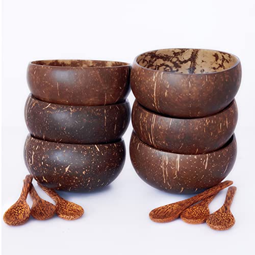 Image of Thenga Jumbo 900 ML Coconut Bowls with Wooden Spoon Sets | Eco-Friendly, Handmade & Durable | Large Natural Coconut Shell Bowls for Smoothies, Salads, Snacks, Desserts & More | Set of 6