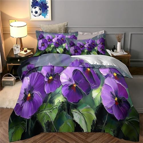 Housse de couette 200x200 fleurs violettes avec 2 taies drap microfibre lit double