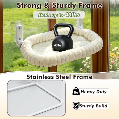 Image of AMOSIJOY Cordless Cat Window Perch, Window Hammock for Cats with 4 Strong Suction Cups, Solid Metal Frame and Cushion Bed Cover, Indoor Cat Bed (XL,Stripe)