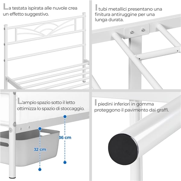 Yaheetech Struttura Letto Singolo in Ferro con Spazio Aggiuntivo Testiera a Forma di Nuvole Camera da Letto Soggiorno 90 x 200 cm Bianco