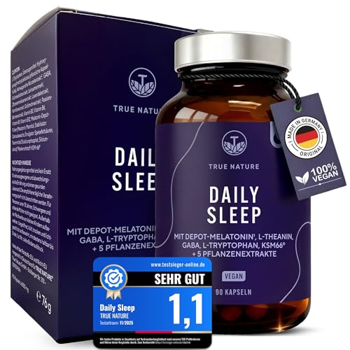 TRUE NATURE® Daily Sleep Kapseln - 90 Stück - 14 in 1 Wirkstoffkomplex - mit KSM 66, L-Tryptophan und 5 weiteren Pflanzenextrakten - Das Original - Made in Germany